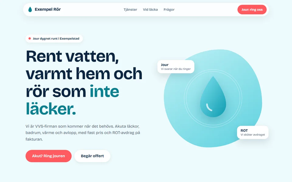 Förhandsbild av konceptsidan för en VVS-firma, med vattendroppe och ljusa blå toner